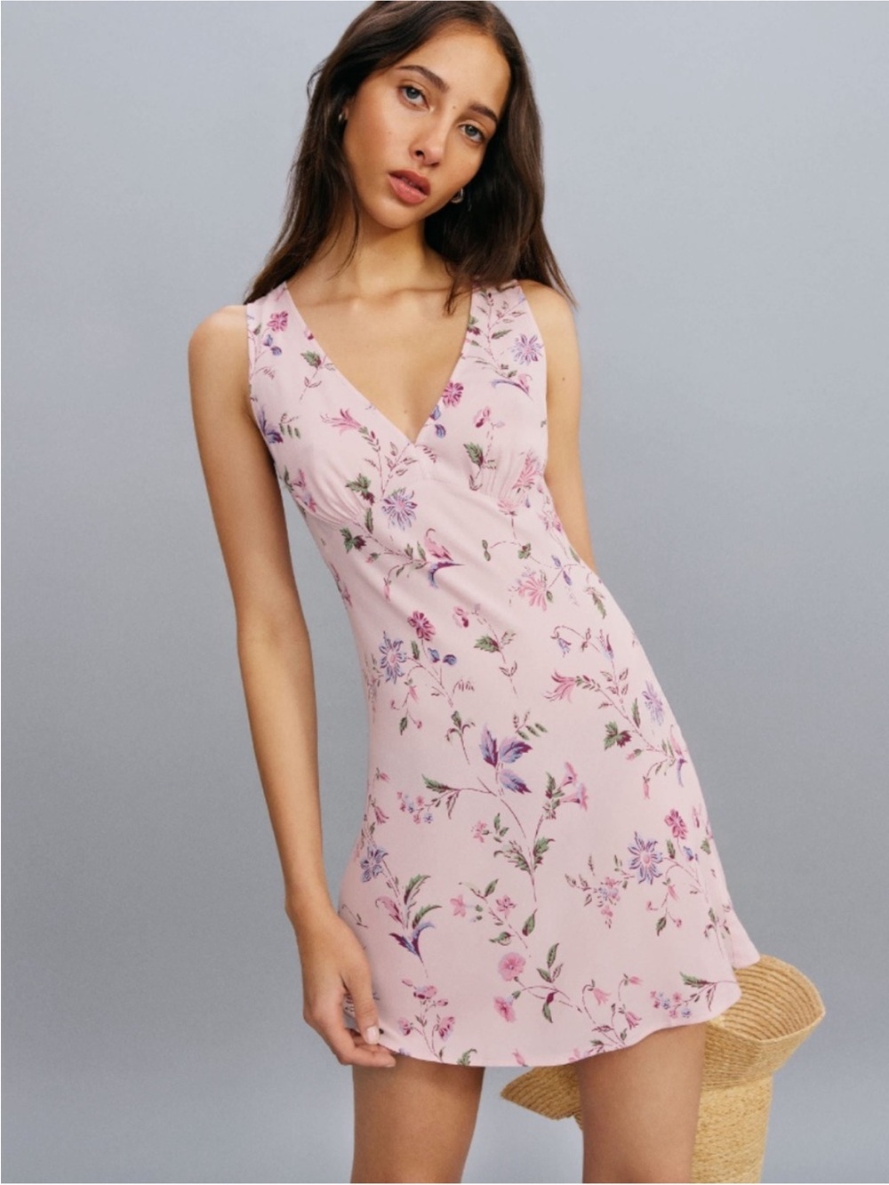 Reformation Pink Floral V-Neck Mini Dress